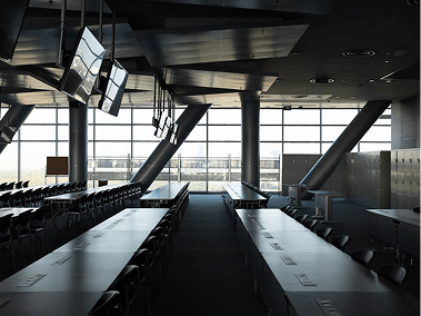 Modern conference room with long tables